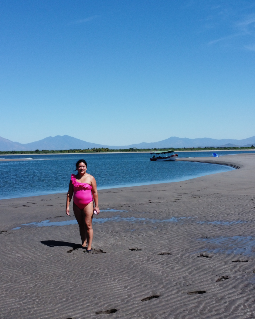 Aerial view of Bahía de Jiquilisco mangroves with volcanic chain in the background, El Salvador